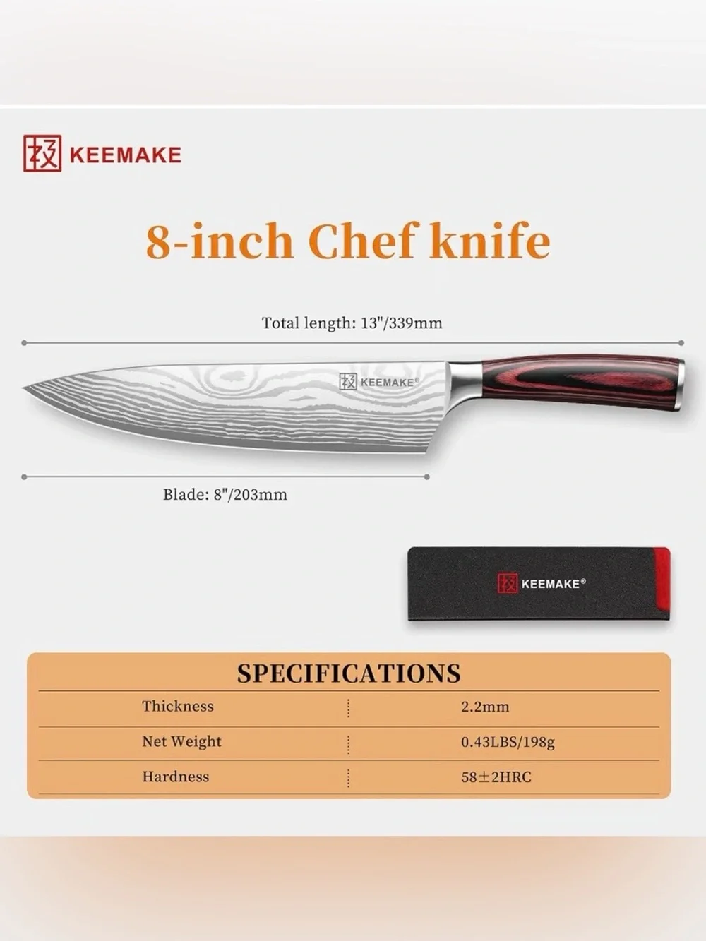 Chef Knife - 8 Inch High Carbon Stainless Steel Kitchen Knife with Ergonomic Han
